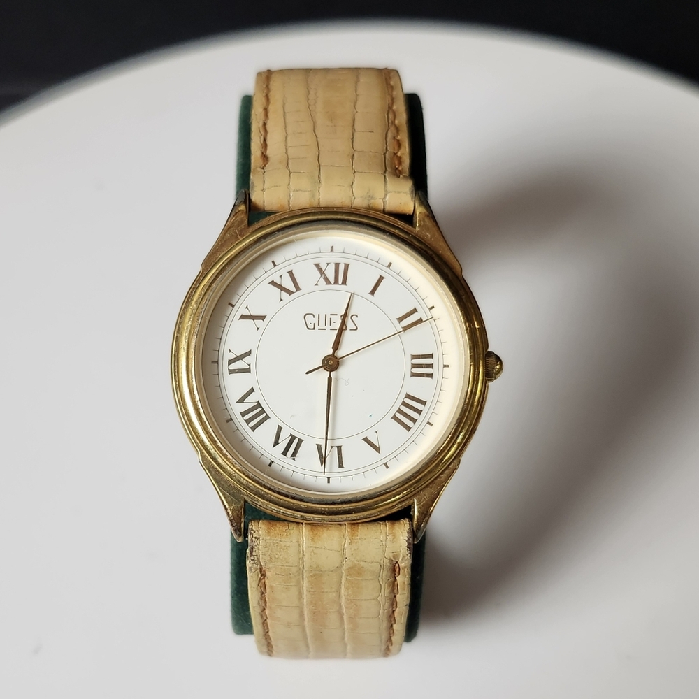 Vintage 90s Guess Gold Watch with Tan Strap